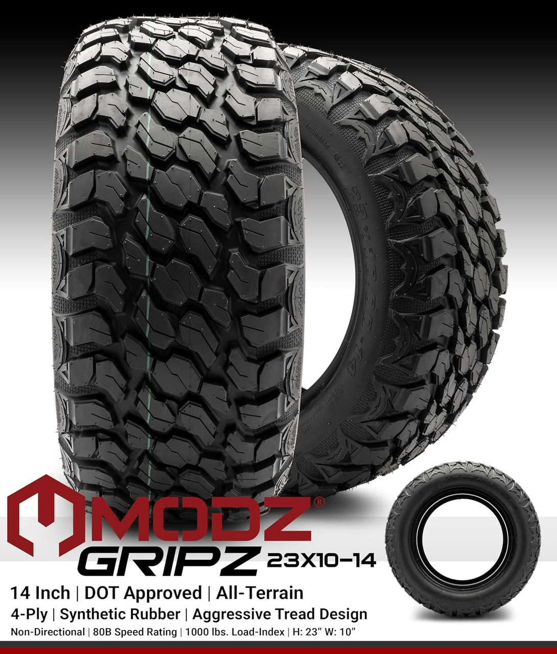 MODZ® Blitz Matte Black 14" Golf Cart Wheels and MODZ® Gripz (23x10-14) All-Terrain Golf Cart Tires Combo - Set of 4