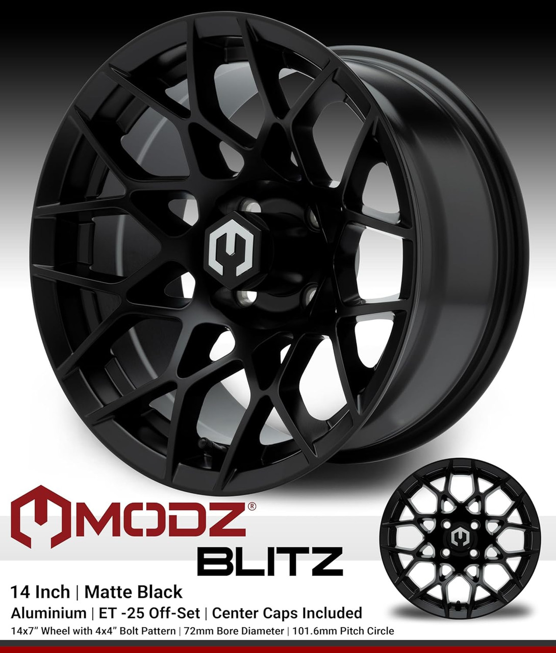 MODZ® Blitz Matte Black 14" Golf Cart Wheels and MODZ® Gripz (23x10-14) All-Terrain Golf Cart Tires Combo - Set of 4