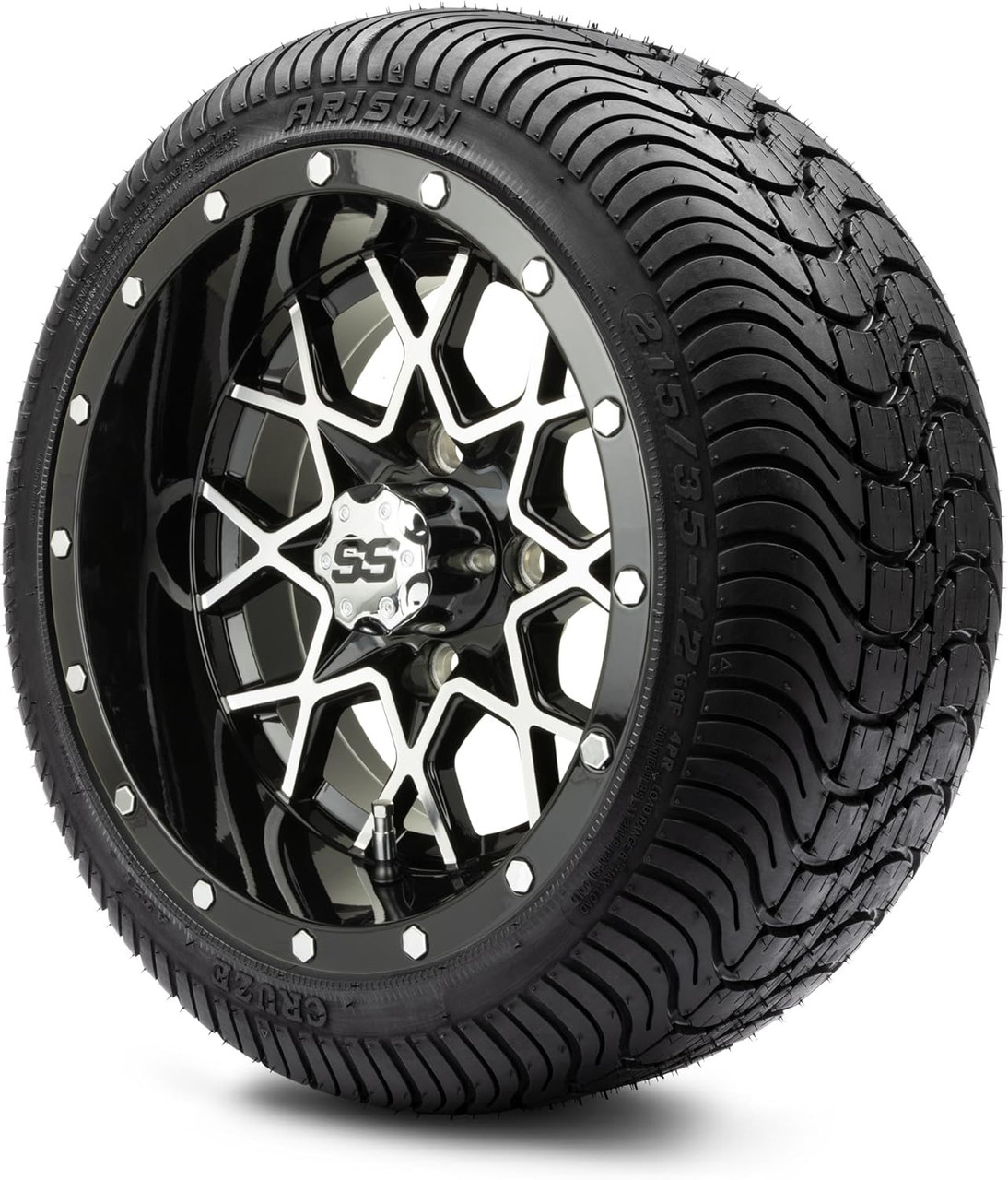 MODZ® Vortex Machined Black 12" Golf Cart Wheels and Arisun Cruze (215/35-12) DOT Low Profile Golf Cart Tires Combo - Set of 4