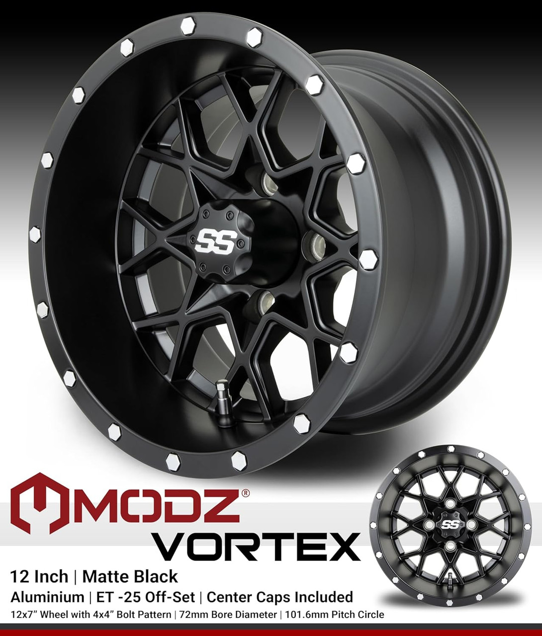 MODZ® Vortex Matte Black 12" Golf Cart Wheels and Arisun Cruze (215/35-12) DOT Low Profile Golf Cart Tires Combo - Set of 4
