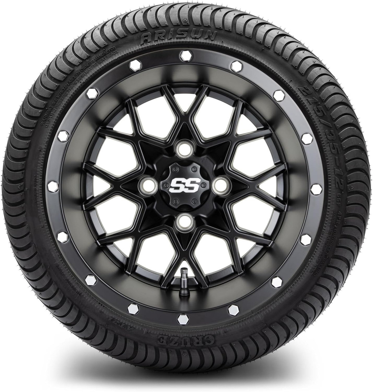MODZ® Vortex Matte Black 12" Golf Cart Wheels and Arisun Cruze (215/35-12) DOT Low Profile Golf Cart Tires Combo - Set of 4