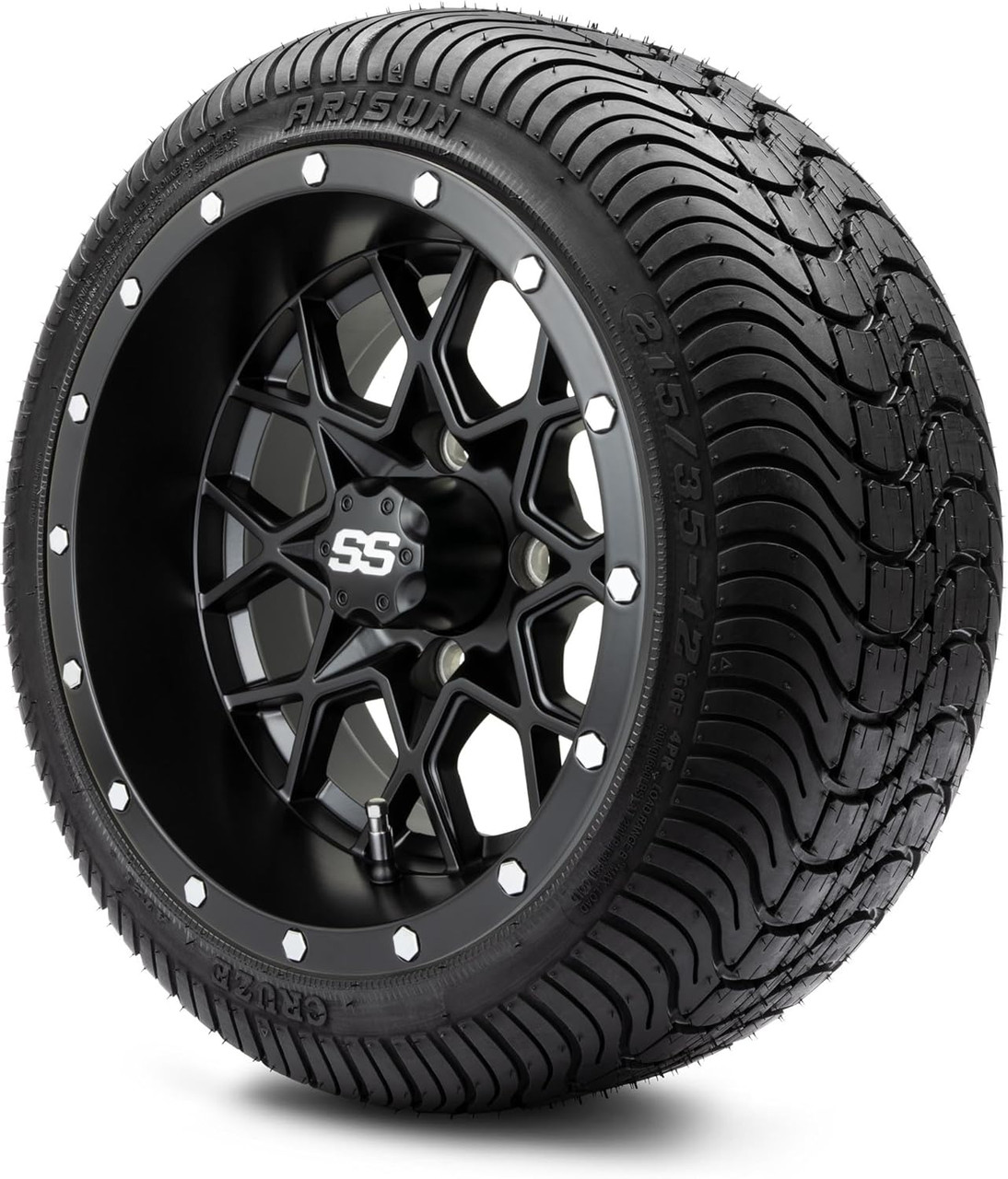 MODZ® Vortex Matte Black 12" Golf Cart Wheels and Arisun Cruze (215/35-12) DOT Low Profile Golf Cart Tires Combo - Set of 4