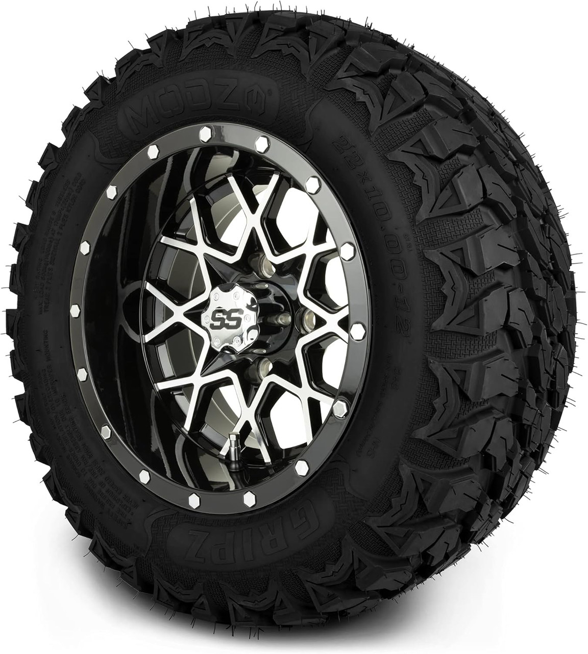 MODZ® Vortex Machined Black 12" Golf Cart Wheels and MODZ® Gripz (22x10-12) All-Terrain Golf Cart Tires Combo - Set of 4