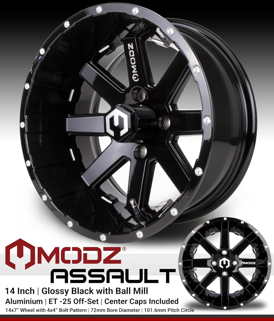 14in MODZ Assault Black Ball Mill Golf Cart Wheels and All Terrain Tires Combo Set of 4