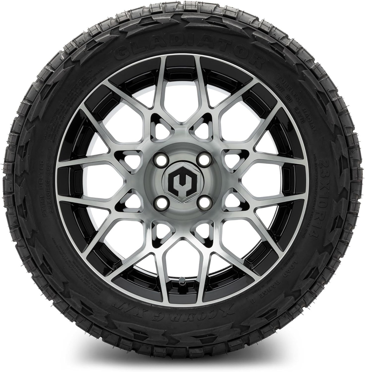 MODZ® Blitz Machined Black 14" Golf Cart Wheels and X-Comp Gladiator (23x10-R14) DOT Steel-Belted Radial Golf Cart Tires Combo - Set of 4