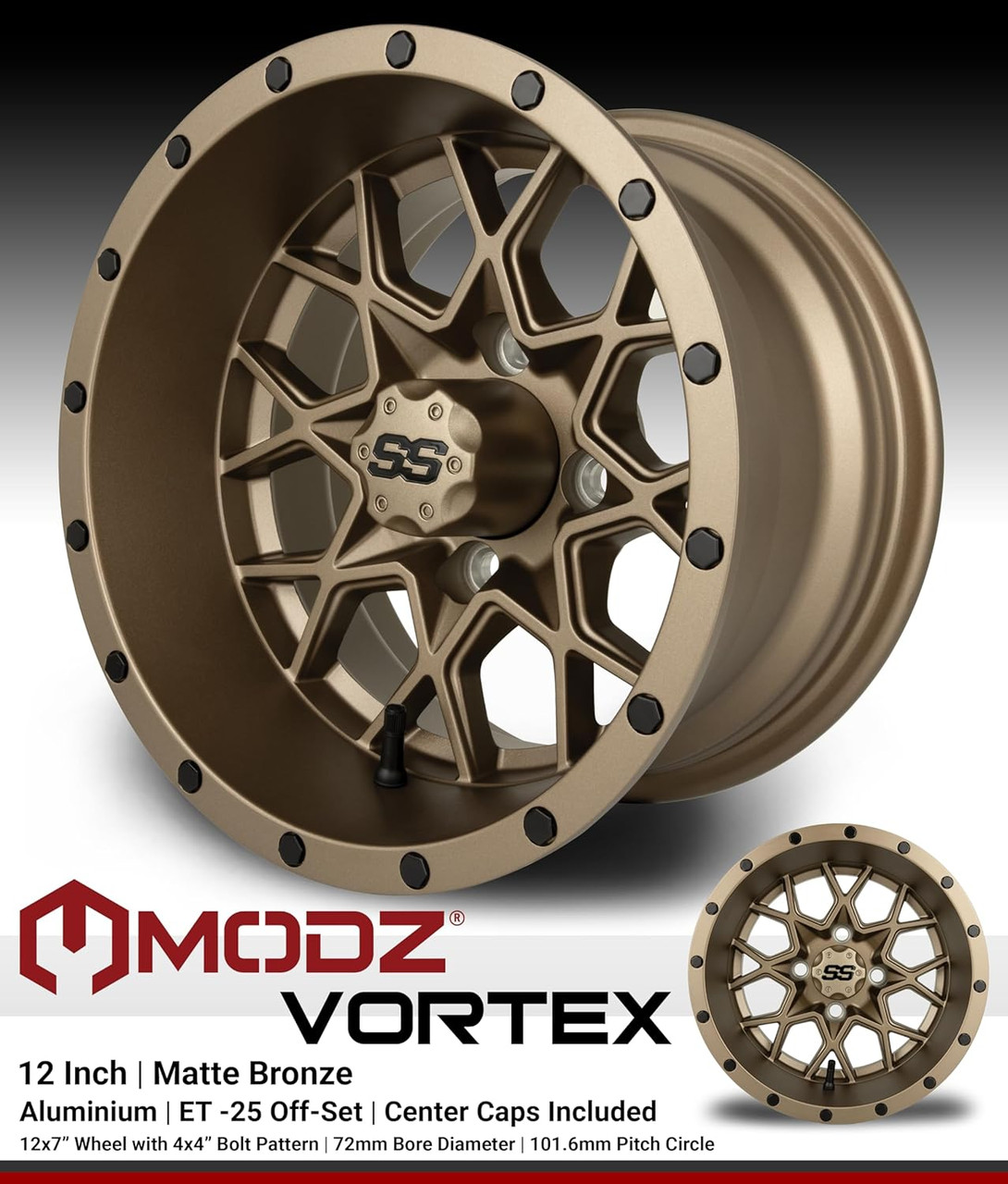 MODZ® Vortex Bronze 12" Golf Cart Wheels and MODZ® Street Fox (245/50-R12) DOT Golf Cart Radial Tires Combo - Set of 4