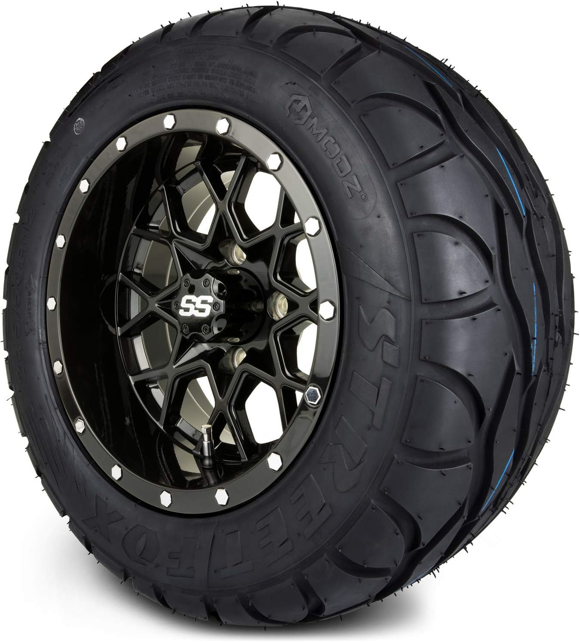 MODZ® Vortex Glossy Black 12" Golf Cart Wheels and MODZ® Street Fox (245/50-R12) DOT Golf Cart Radial Tires Combo - Set of 4