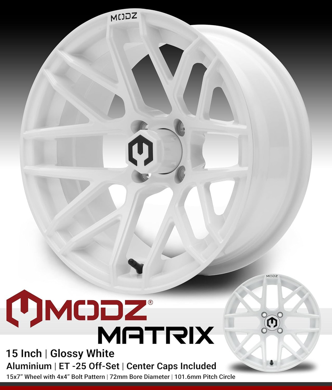 MODZ® Matrix Glossy White 15" Golf Cart Wheels and X-Comp Gladiator (23x10-R15) DOT Steel-Belted Radial Golf Cart Tires Combo - Set of 4