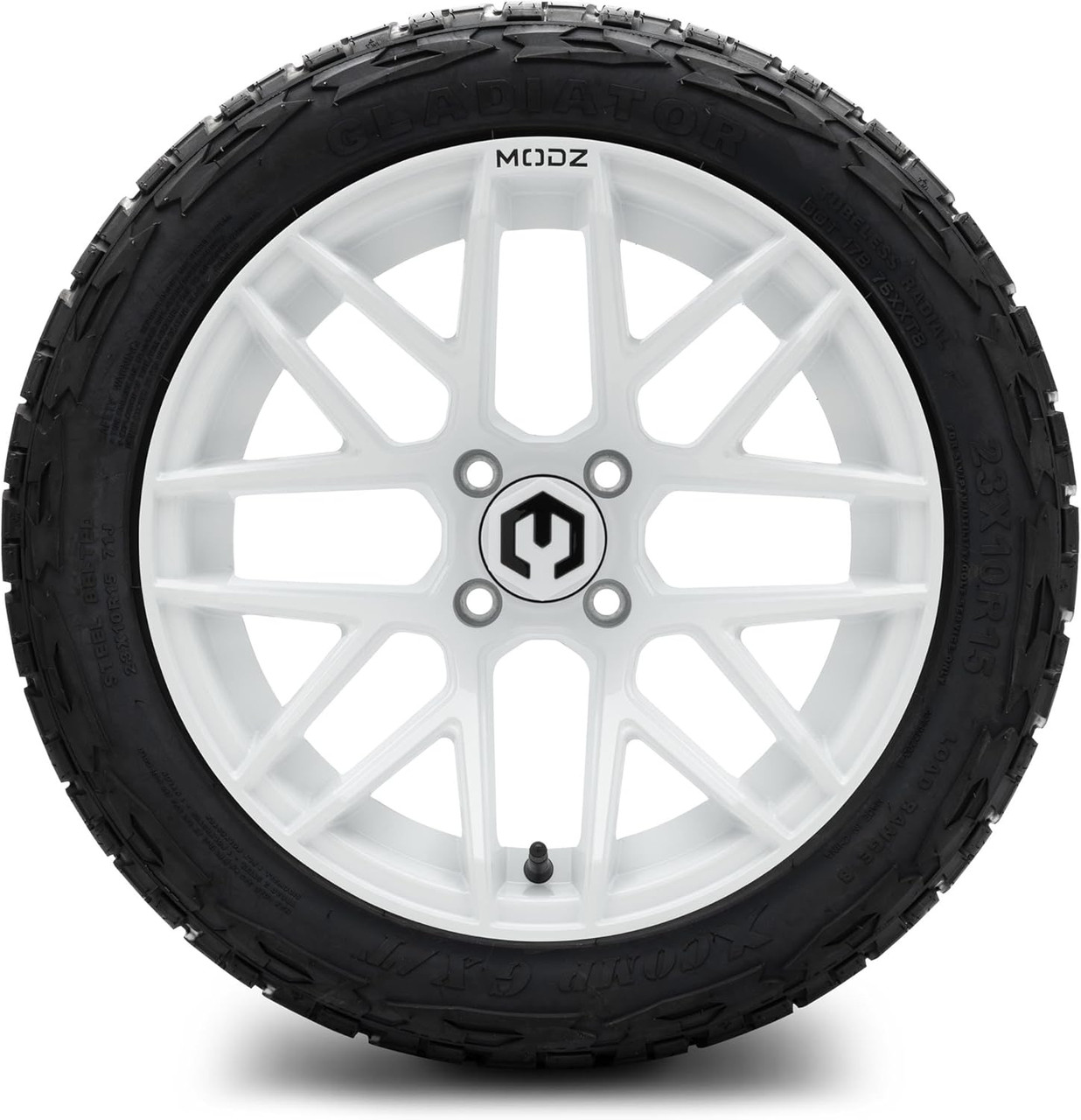 MODZ® Matrix Glossy White 15" Golf Cart Wheels and X-Comp Gladiator (23x10-R15) DOT Steel-Belted Radial Golf Cart Tires Combo - Set of 4