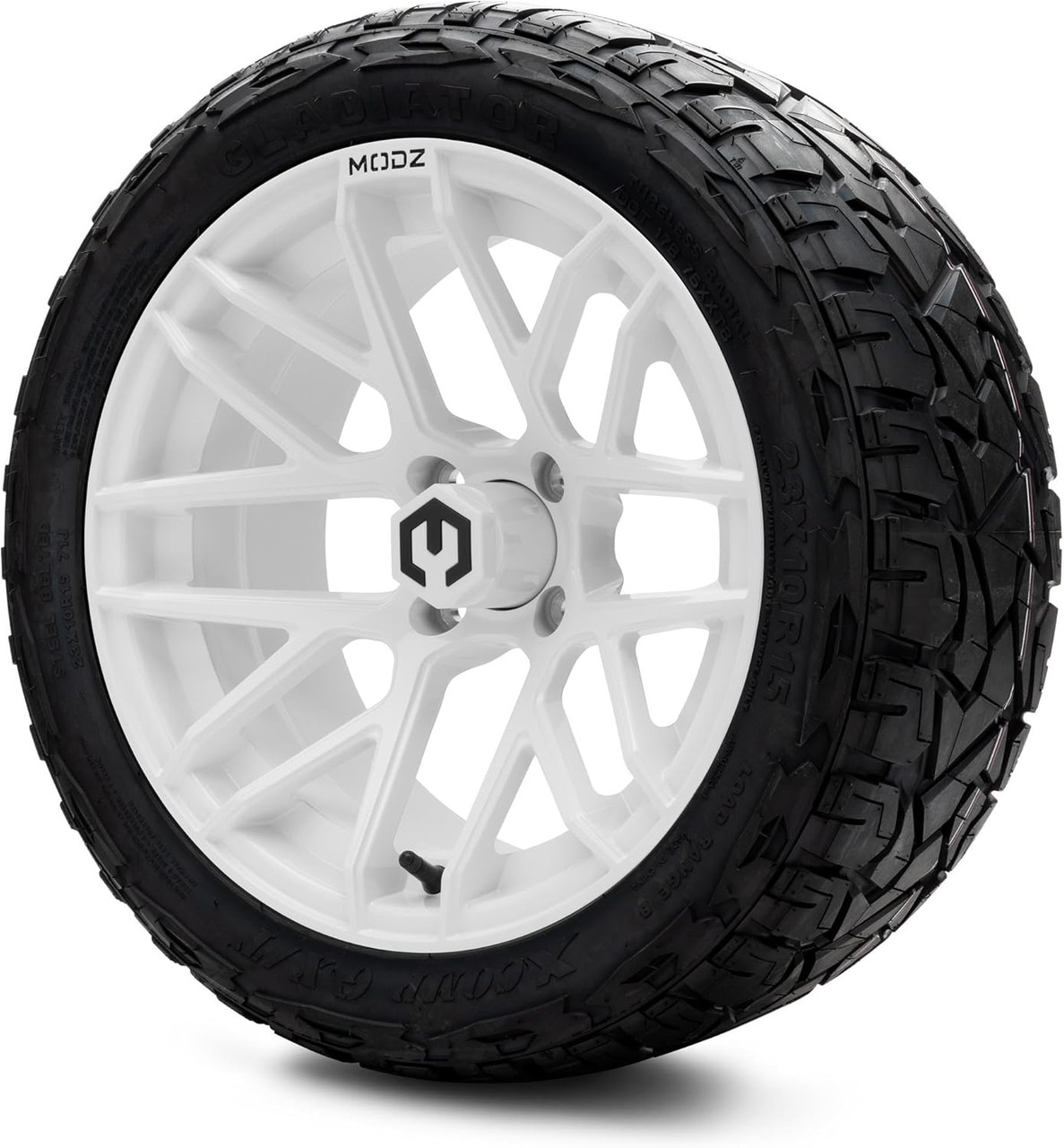 MODZ® Matrix Glossy White 15" Golf Cart Wheels and X-Comp Gladiator (23x10-R15) DOT Steel-Belted Radial Golf Cart Tires Combo - Set of 4