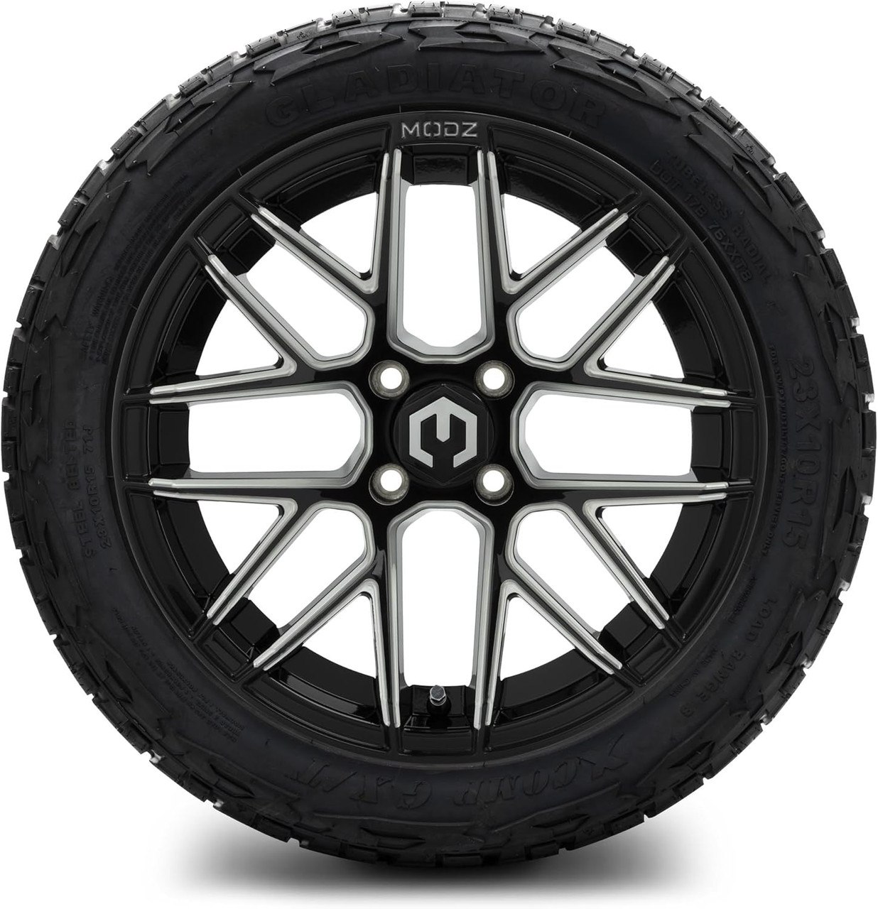 MODZ® Matrix Glossy Black with Ball Mill 15" Golf Cart Wheels and X-Comp Gladiator (23x10-R15) DOT Steel-Belted Radial Golf Cart Tires Combo - Set of 4