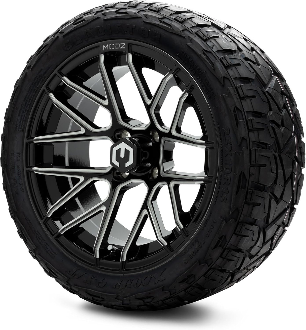 MODZ® Matrix Glossy Black with Ball Mill 15" Golf Cart Wheels and X-Comp Gladiator (23x10-R15) DOT Steel-Belted Radial Golf Cart Tires Combo - Set of 4