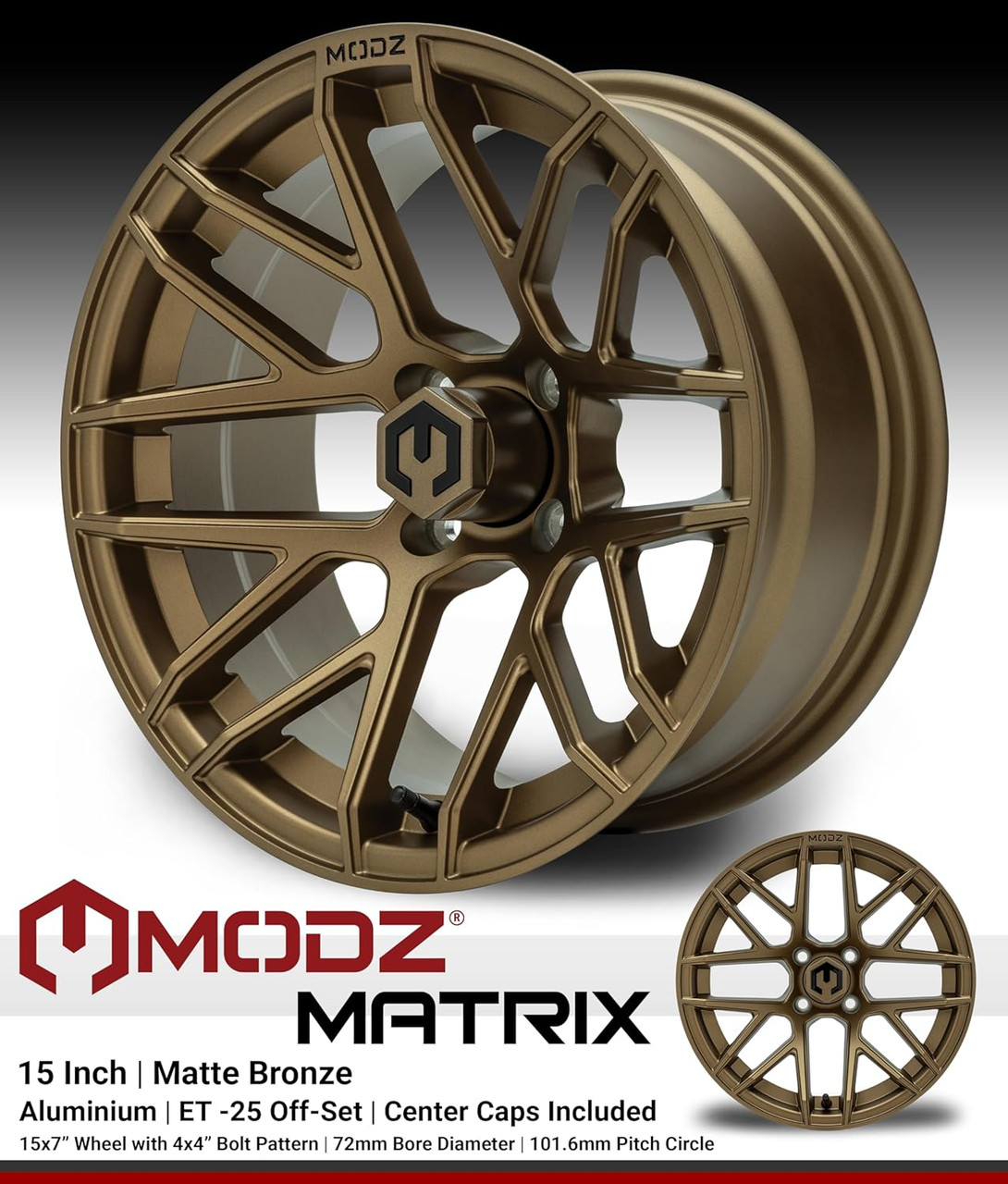 MODZ® Matrix Matte Bronze 15" Golf Cart Wheels and X-Comp Gladiator (23x10-R15) DOT Steel-Belted Radial Golf Cart Tires Combo - Set of 4
