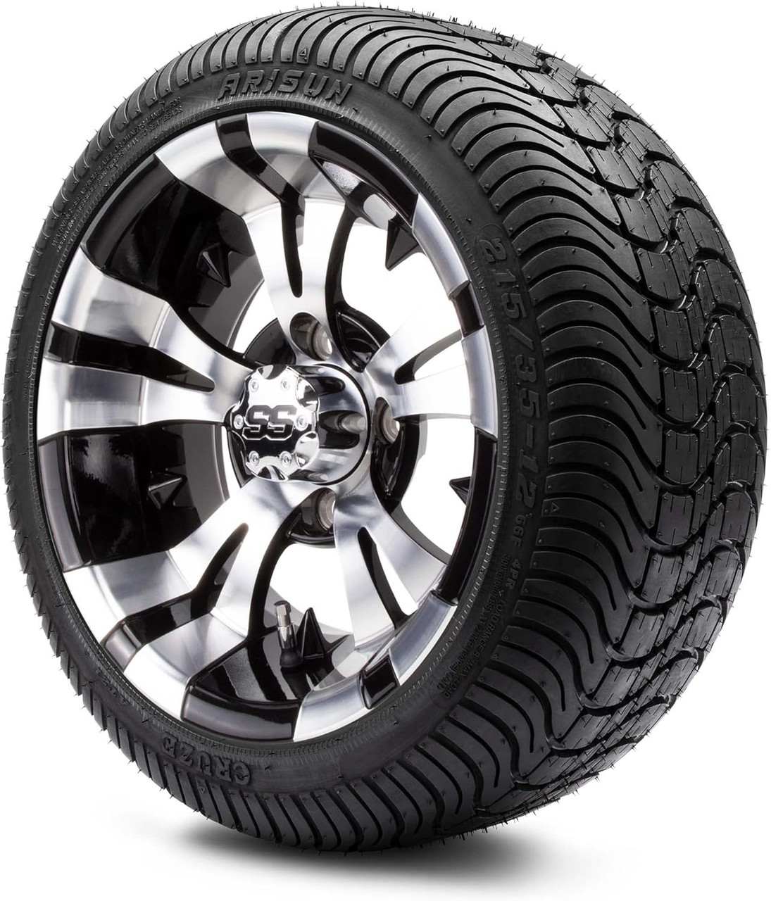 MODZ® Vampire Machined Black 12" Golf Cart Wheels and Arisun Cruze (215/35-12) DOT Low Profile Golf Cart Tires Combo - Set of 4