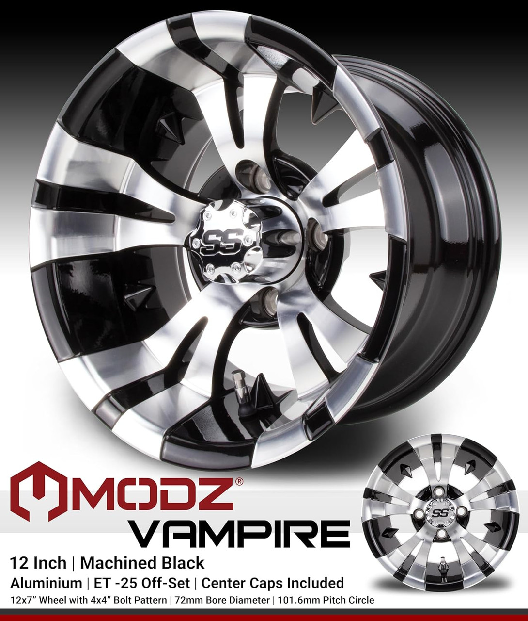 MODZ® Vampire Machined Black 12" Golf Cart Wheels and Arisun Cruze (215/35-12) DOT Low Profile Golf Cart Tires Combo - Set of 4