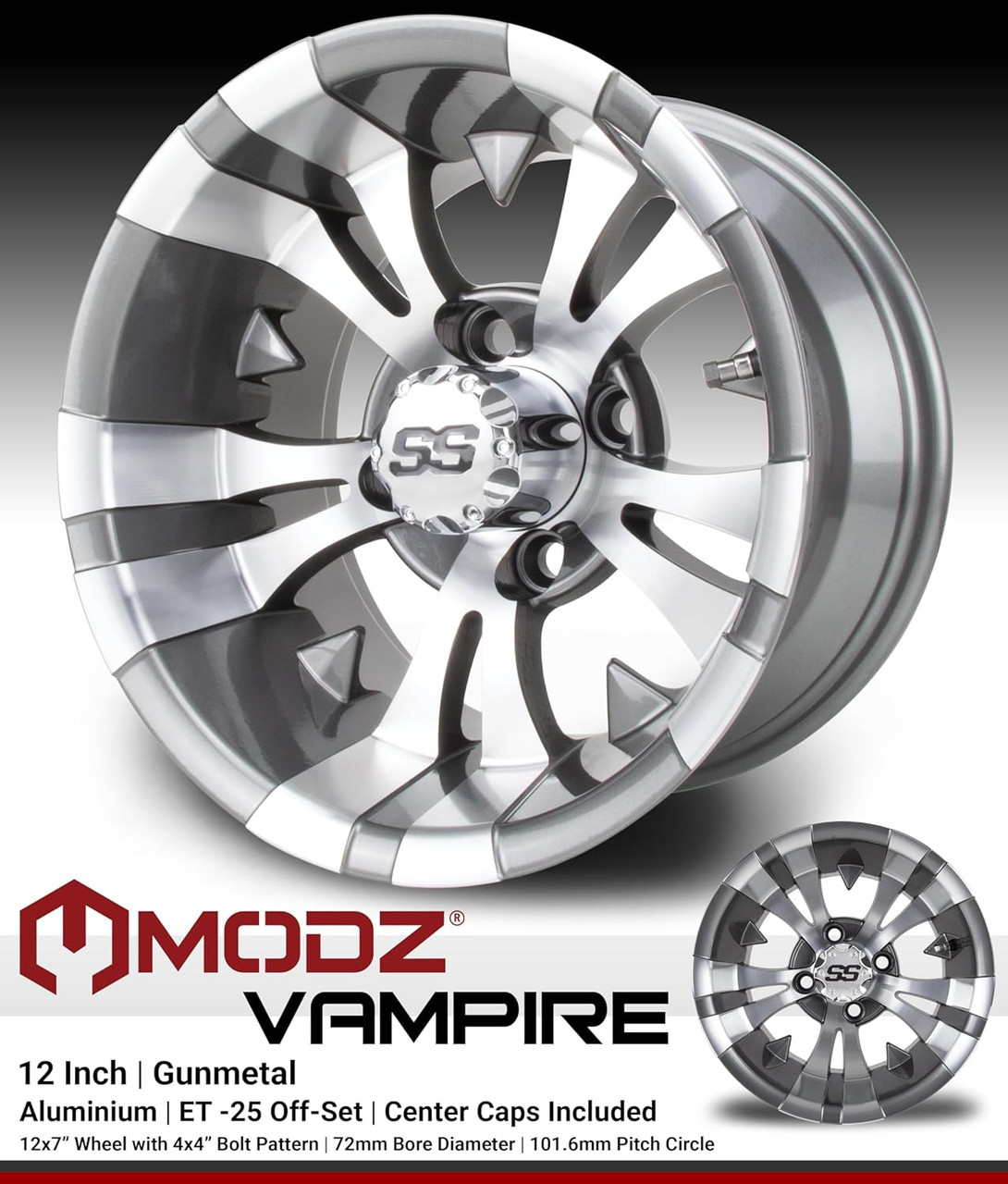 MODZ® Vampire Gunmetal 12" Golf Cart Wheels and Arisun Cruze (215/35-12) DOT Low Profile Golf Cart Tires Combo - Set of 4