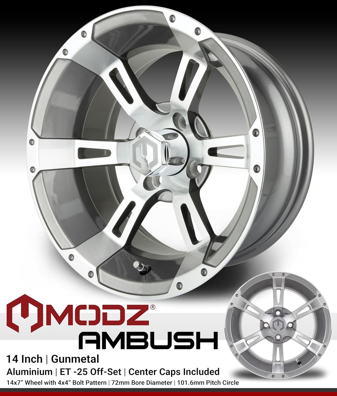 MODZ® Ambush Gunmetal 14" Golf Cart Wheels and Arisun X-Trail (23x10-14) DOT All-Terrain Golf Cart Tires Combo - Set of 4