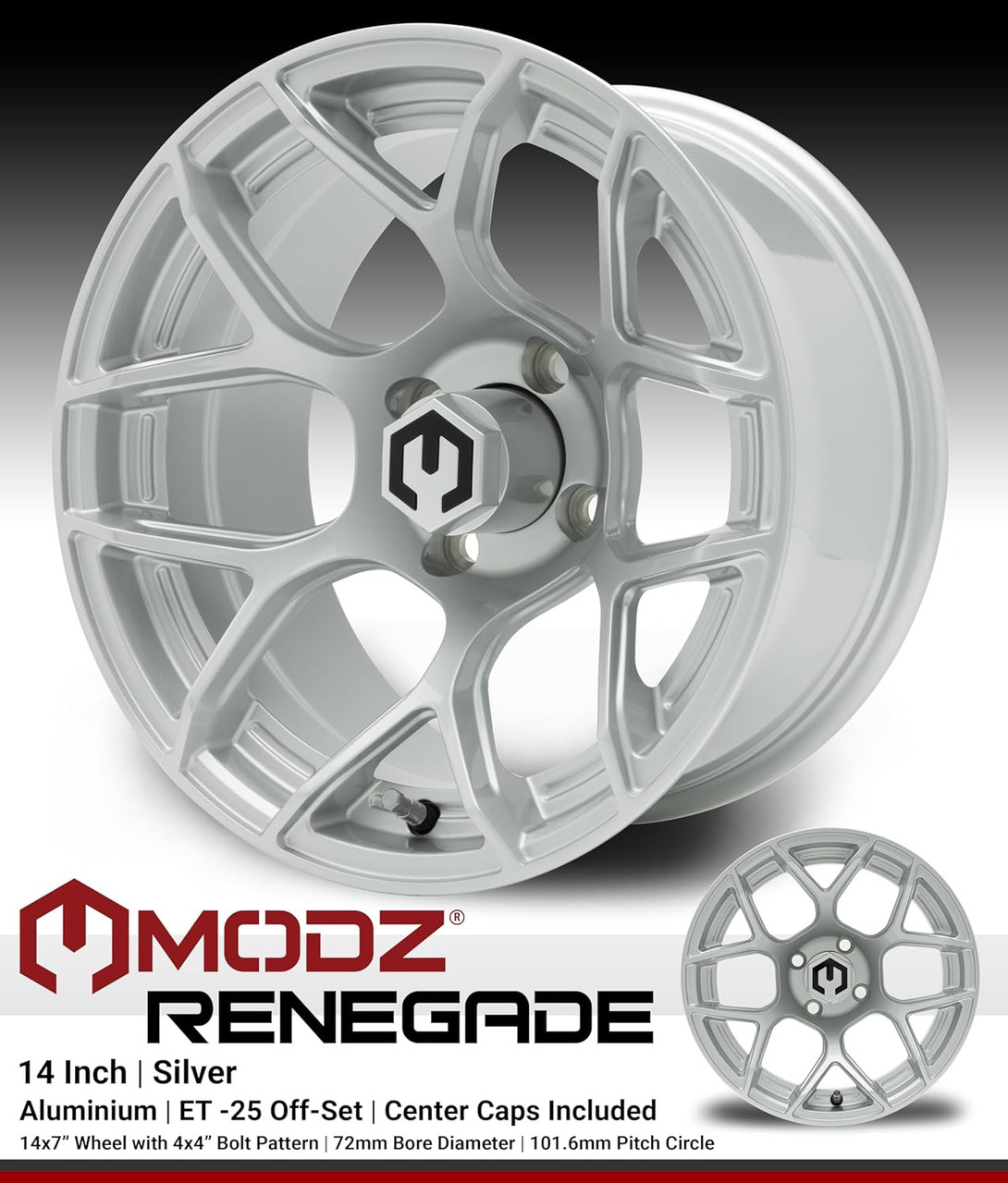 MODZ® Renegade Silver 14" Golf Cart Wheels and Arisun Cruze (205/30-14) Low Profile DOT Golf Cart Tires Combo - Set of 4