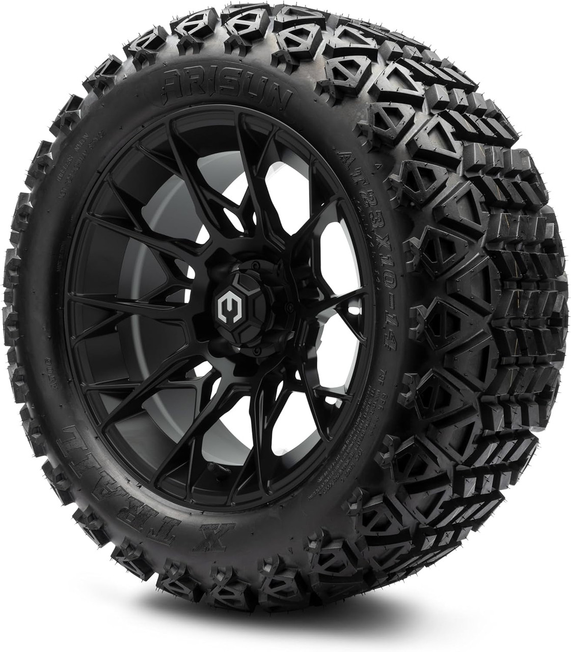 MODZ® Chaos Matte Black 14" Golf Cart Wheels and Arisun X-Trail (23x10-14) DOT All-Terrain Golf Cart Tires Combo - Set of 4