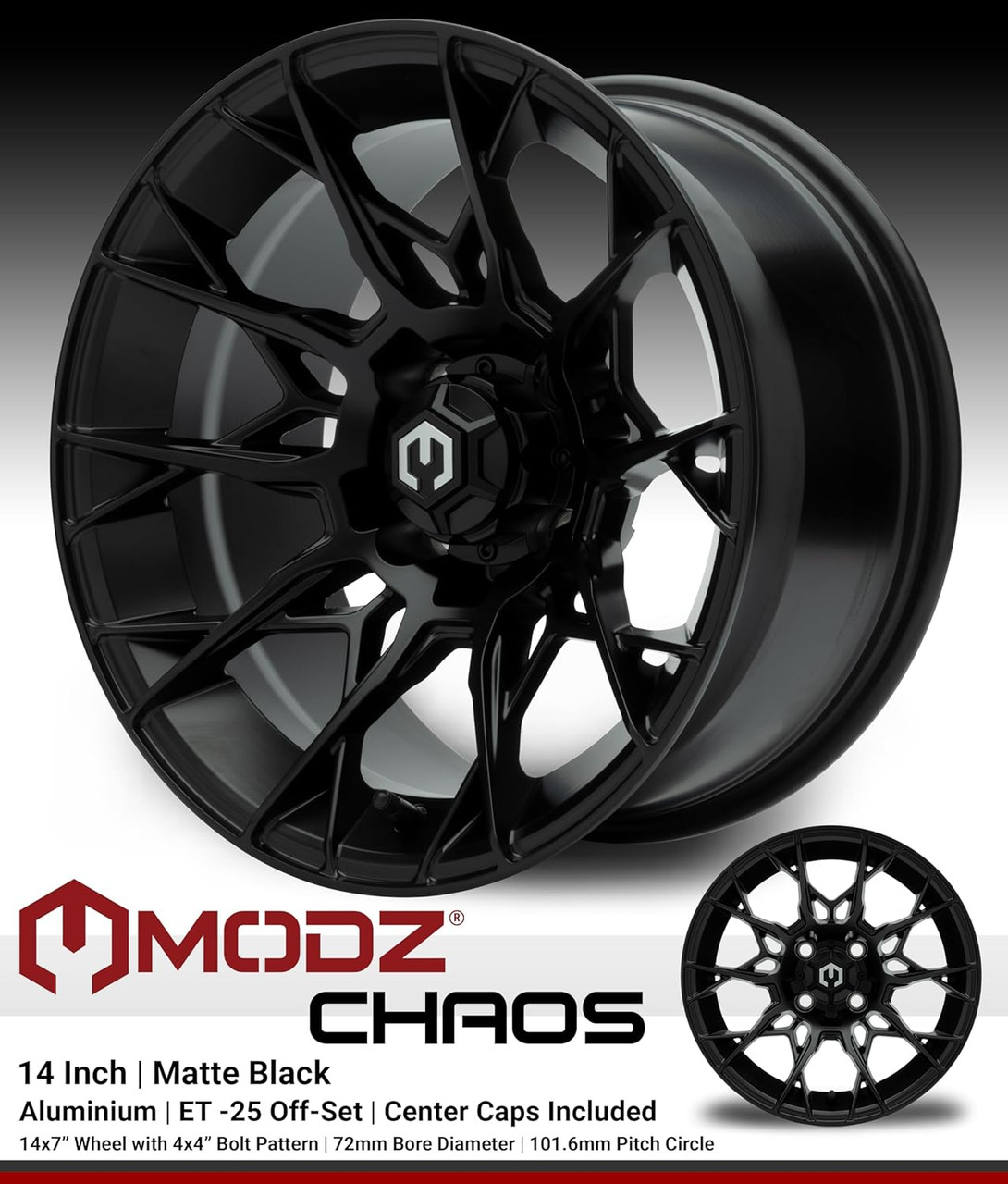 MODZ® Chaos Matte Black 14" Golf Cart Wheels and Arisun X-Trail (23x10-14) DOT All-Terrain Golf Cart Tires Combo - Set of 4