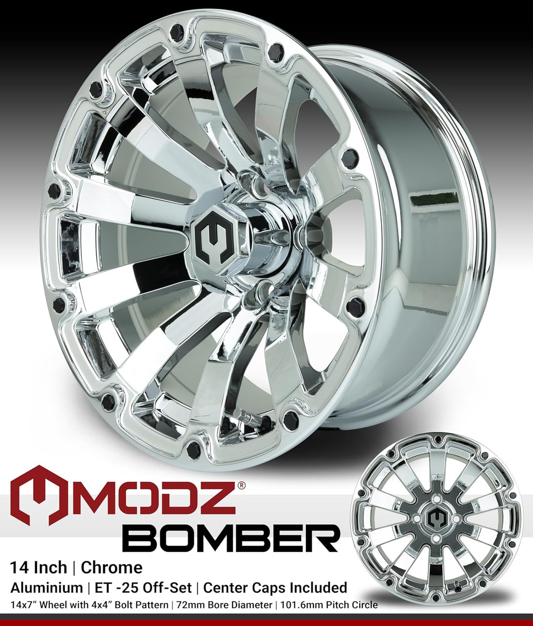 MODZ® Bomber Chrome 14" Golf Cart Wheels and Arisun X-Trail (23x10-14) DOT All-Terrain Golf Cart Tires Combo - Set of 4