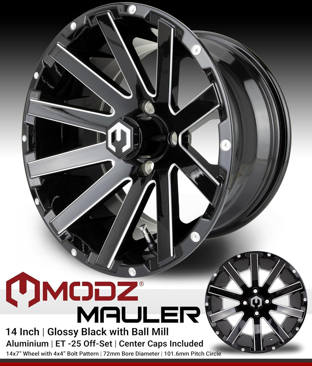 MODZ® Mauler Glossy Black with Ball Mill 14" Golf Cart Wheels and Arisun Cruze (205/30-14) Low Profile DOT Golf Cart Tires Combo - Set of 4