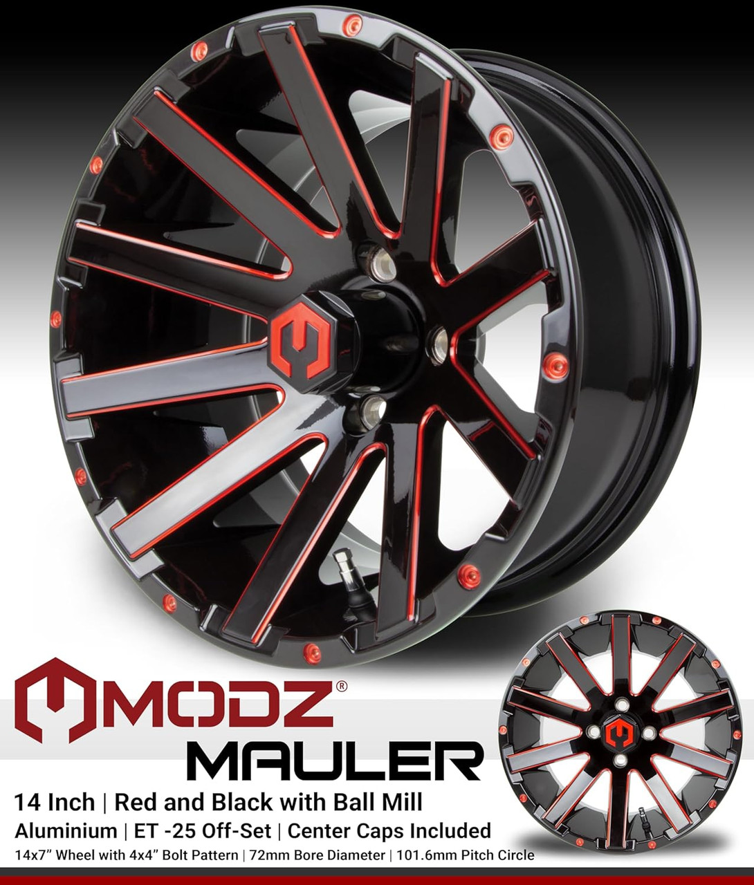 MODZ® Mauler Red and Black with Ball Mill 14" Golf Cart Wheels and Arisun Cruze (205/30-14) Low Profile DOT Golf Cart Tires Combo - Set of 4