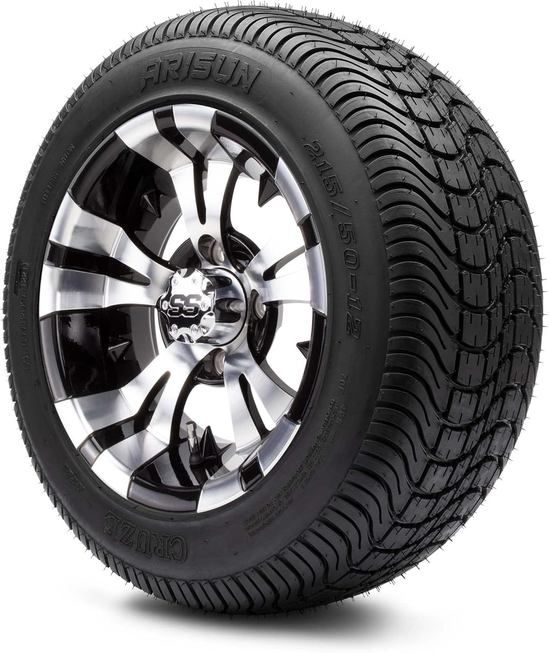 MODZ® Vampire Machined Black 12" Golf Cart Wheels and Arisun Cruze (215/50-12) DOT Low Profile Golf Cart Tires Combo - Set of 4