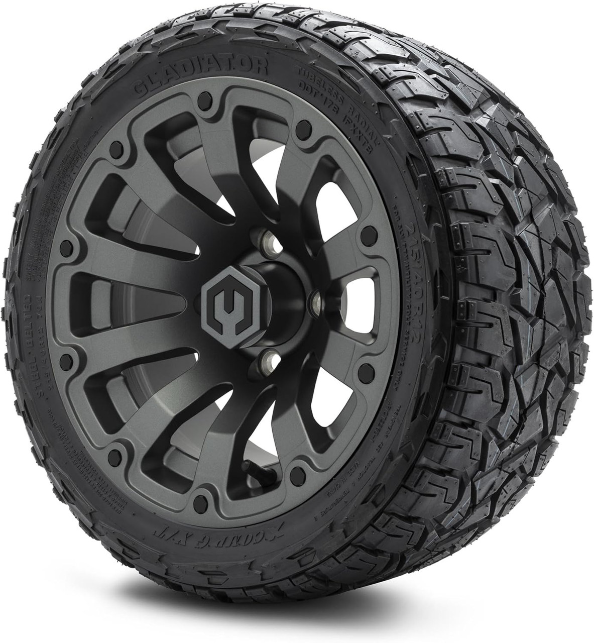 MODZ® Bomber Gunmetal 12" Golf Cart Wheels and X-Comp Gladiator (215/40-R12) DOT Steel-Belted Radial Golf Cart Tires Combo - Set of 4