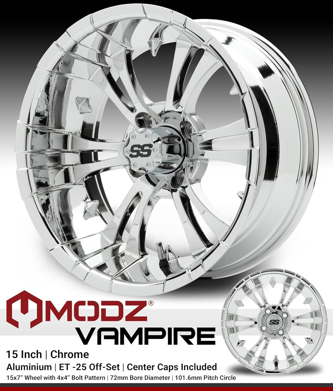 MODZ® Vampire Chrome 15" Golf Cart Wheels and X-Comp Gladiator (23x10-R15) DOT Steel-Belted Radial Golf Cart Tires Combo - Set of 4