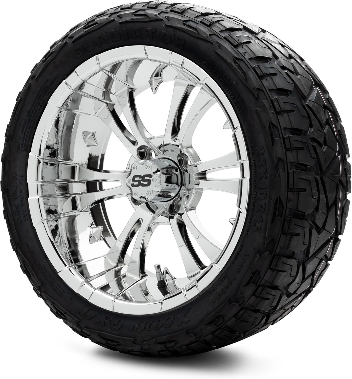MODZ® Vampire Chrome 15" Golf Cart Wheels and X-Comp Gladiator (23x10-R15) DOT Steel-Belted Radial Golf Cart Tires Combo - Set of 4