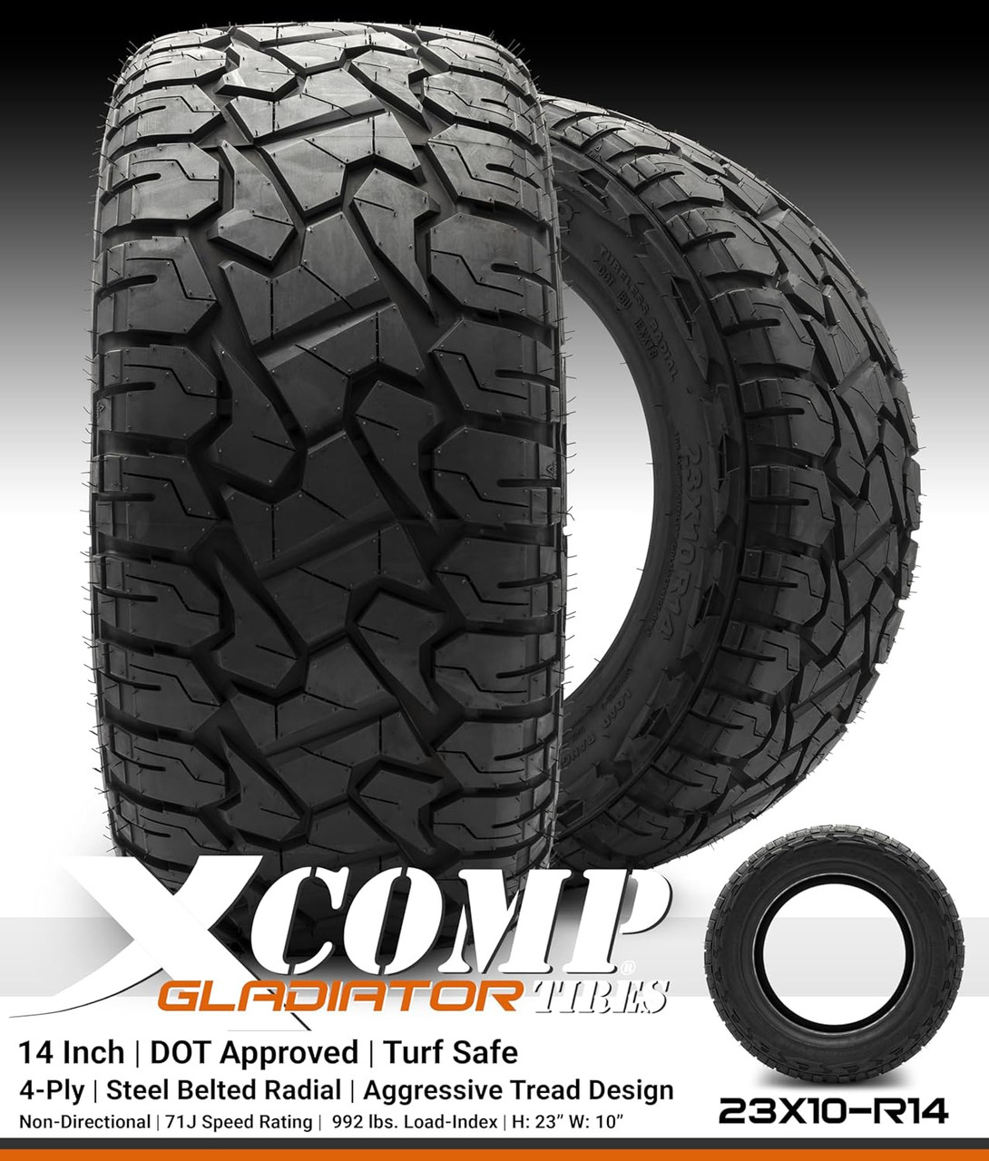MODZ® Assault Matte Black with Ball Mill 14" Golf Cart Wheels and X-Comp Gladiator (23x10-R14) DOT Steel-Belted Radial Golf Cart Tires Combo - Set of 4