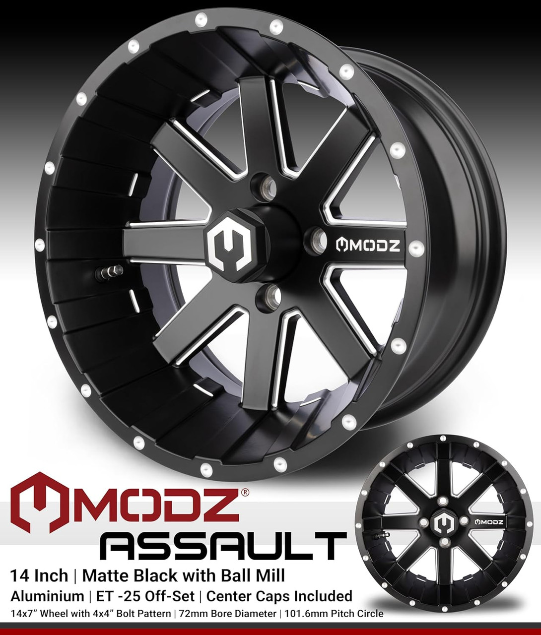 MODZ® Assault Matte Black with Ball Mill 14" Golf Cart Wheels and X-Comp Gladiator (23x10-R14) DOT Steel-Belted Radial Golf Cart Tires Combo - Set of 4