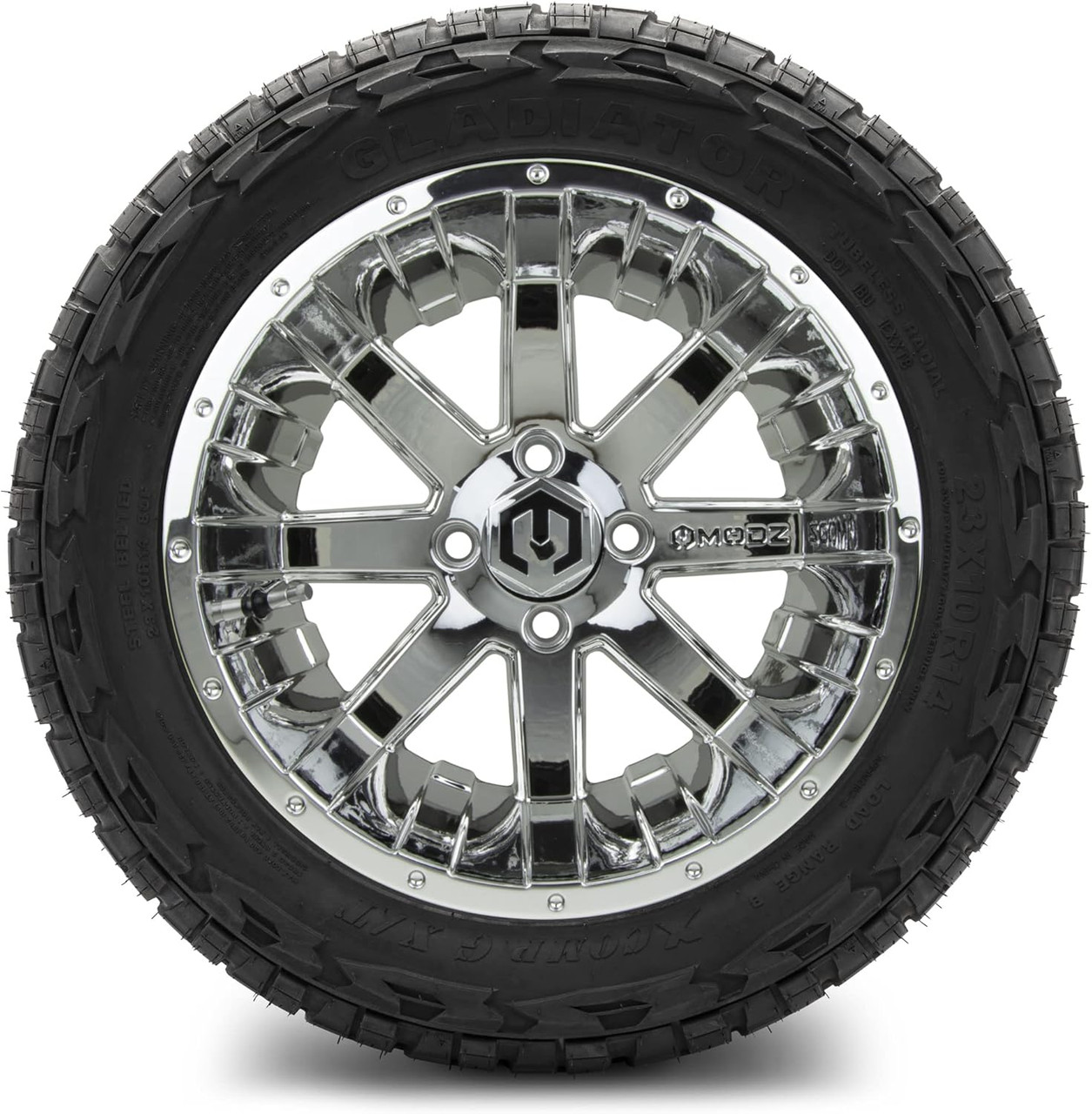 MODZ® Assault Chrome 14" Golf Cart Wheels and X-Comp Gladiator (23x10-R14) DOT Steel-Belted Radial Golf Cart Tires Combo - Set of 4