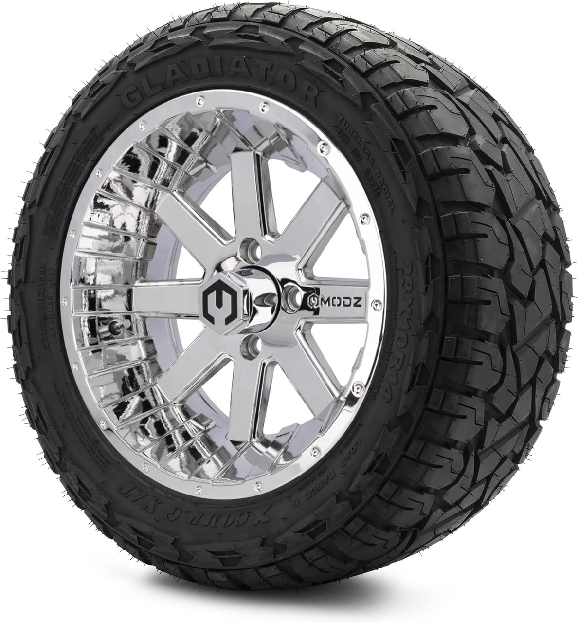 MODZ® Assault Chrome 14" Golf Cart Wheels and X-Comp Gladiator (23x10-R14) DOT Steel-Belted Radial Golf Cart Tires Combo - Set of 4
