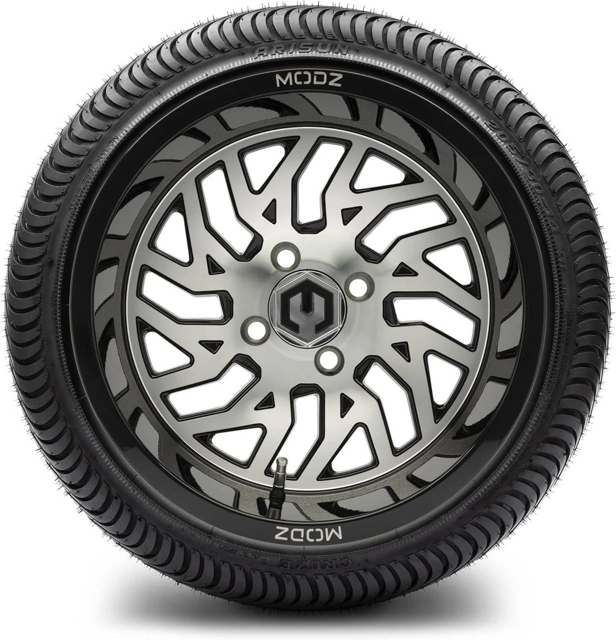 MODZ® Carnage Machined Black 14" Golf Cart Wheels and Arisun Cruze (205/30-14) Low Profile DOT Golf Cart Tires Combo - Set of 4