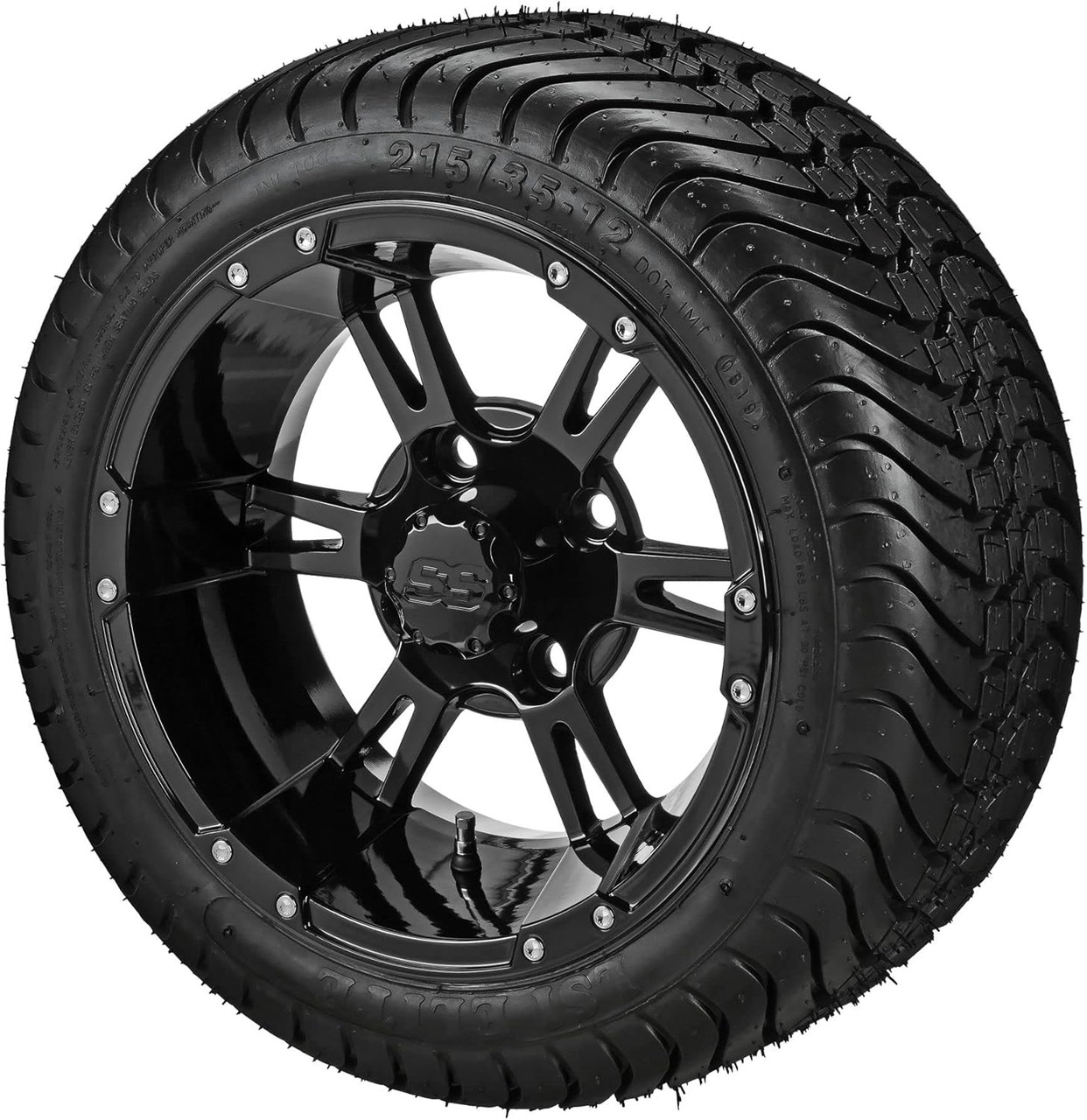 12" Raptor Gloss Black on 215/35-12 LSI Elite Tires (Set of 4), Fits Club Car & EZGo Carts, Golf Cart Tires and Wheels Combo