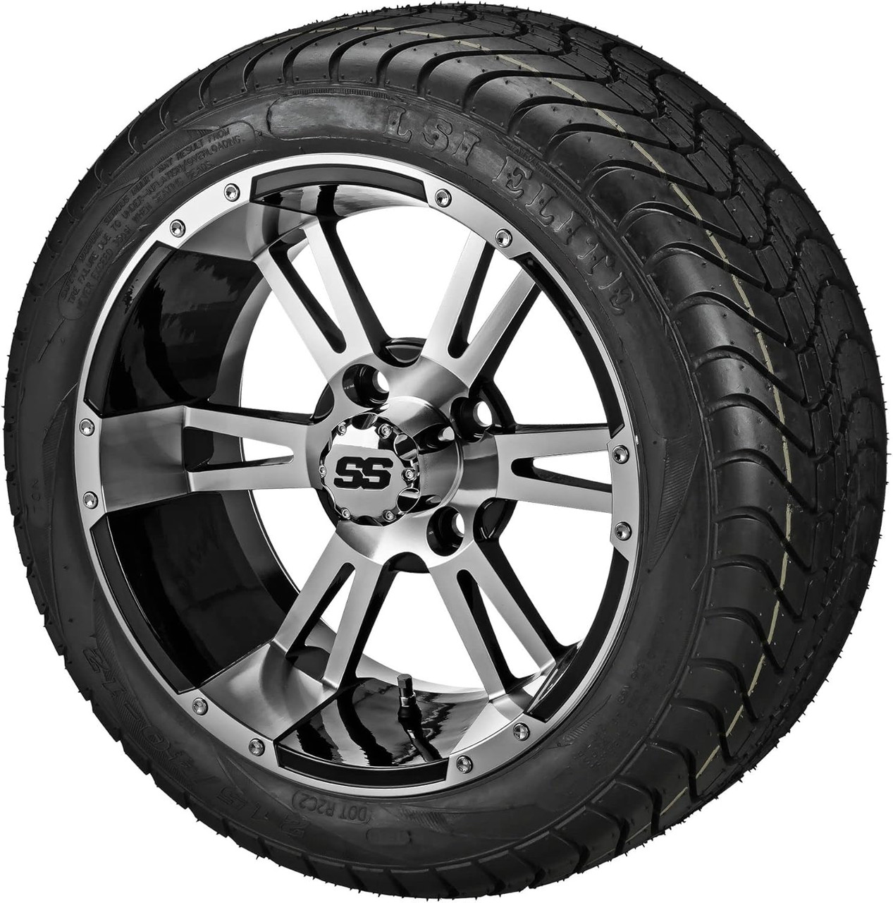 12" Raptor Black/Machined on 215/40-12 LSI Elite Tires (Set of 4), Fits Club Car & EZGo Carts, Golf Cart Tires and Wheels Combo