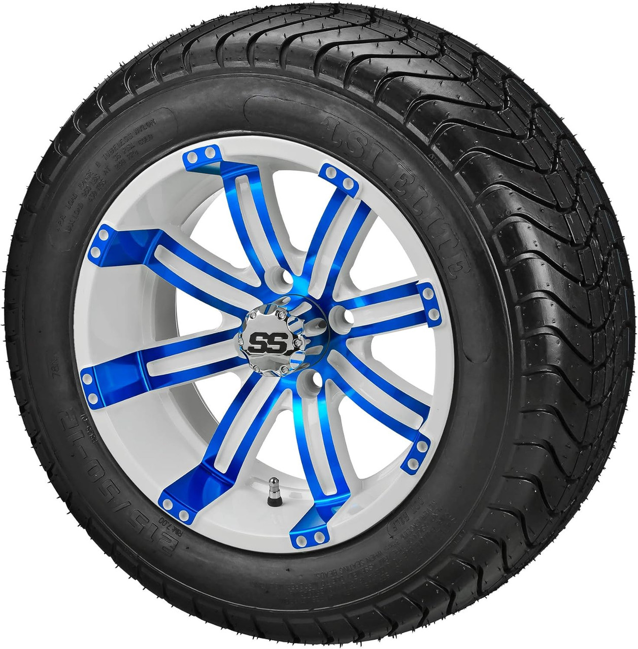 12" Casino White/Blue on 215/40-12 LSI Elite Tires (Set of 4), Fits Club Car & EZGo Carts, Golf Cart Tires and Wheels Combo