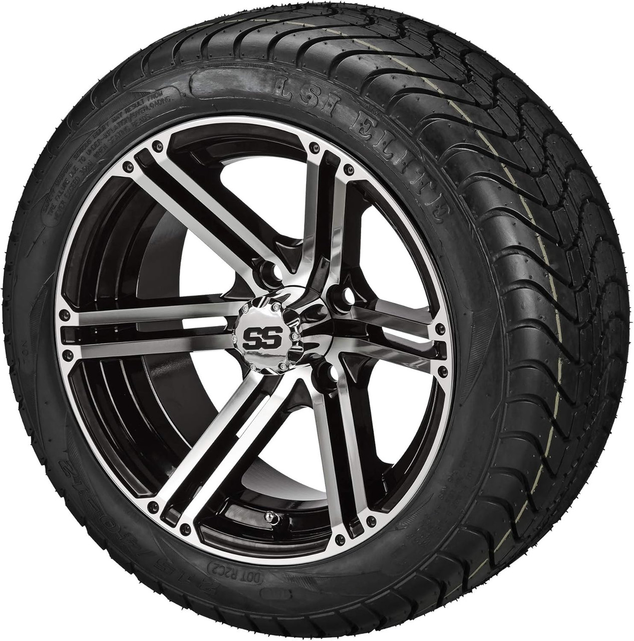 12" Yukon Black/Machined on 215/40-12 LSI Elite Tires (Set of 4), Fits Club Car & EZGo Carts, Golf Cart Tires and Wheels Combo