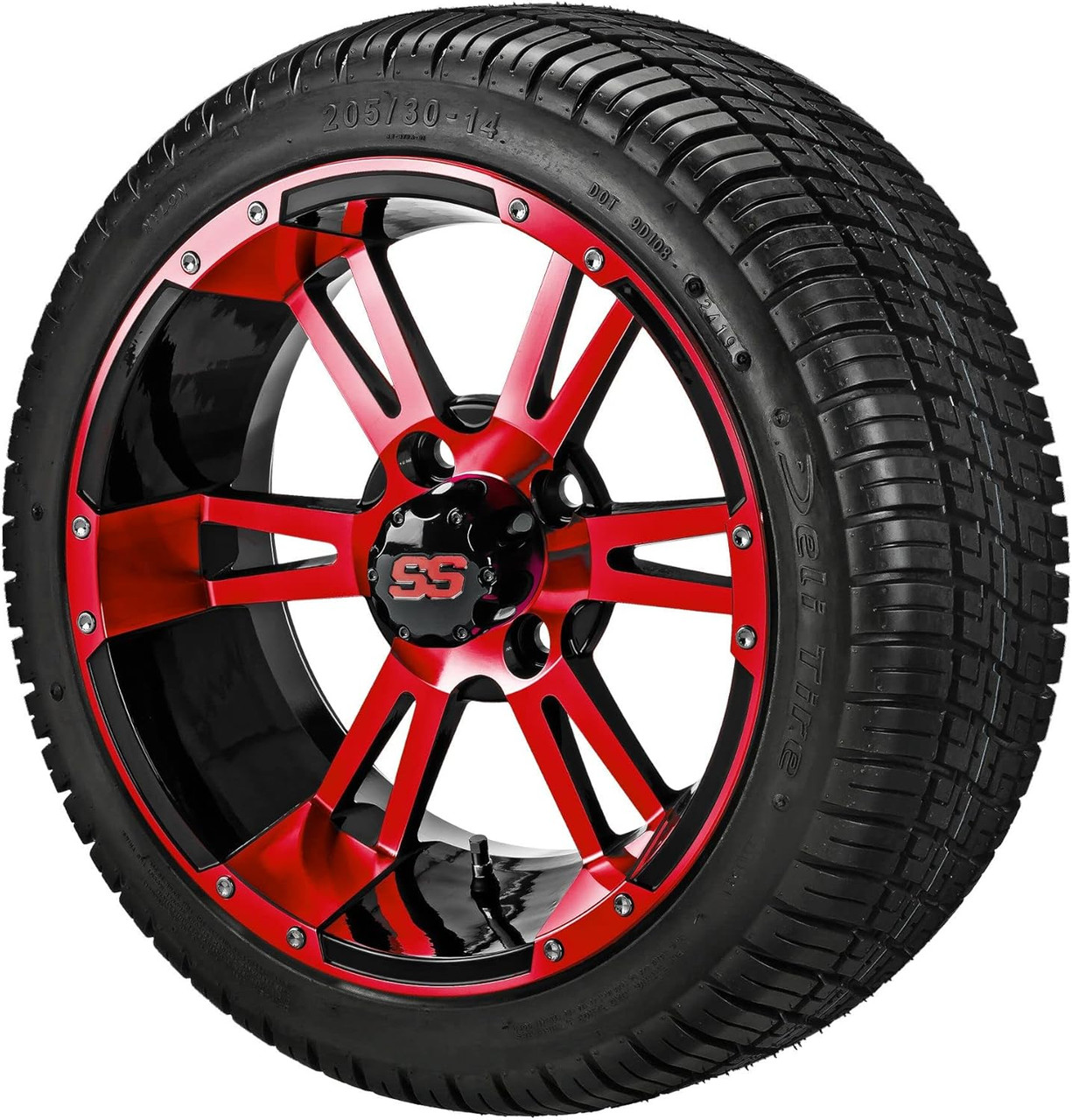 14" Raptor Black/Red on 205/30-14 Deli Tires (Set of 4), Fits Club Car & EZGo Carts, Golf Cart Tires and Wheels Combo