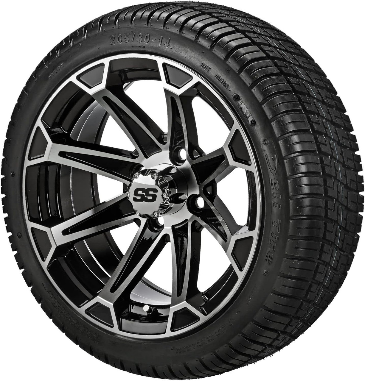 14" Viking Black/Machined on 205/30-14 Deli Tires (Set of 4), Fits Club Car & EZGo Carts, Golf Cart Tires and Wheels Combo