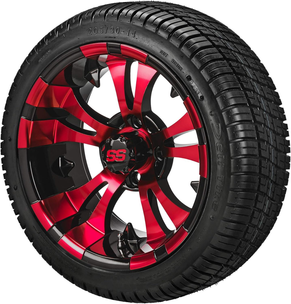 14" Warlock Black/Red on 205/30-14 Deli Tires (Set of 4), Fits Club Car & EZGo Carts, Golf Cart Tires and Wheels Combo