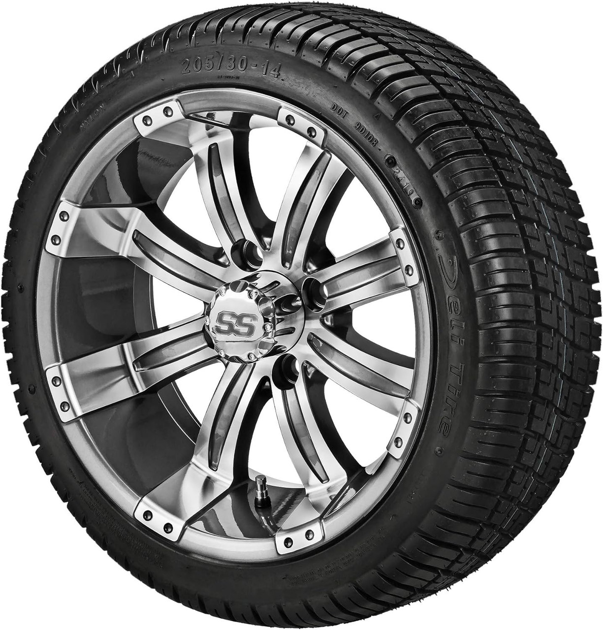 14" Casino Gun Metal Gray/Machined on 205/30-14 Deli Tires (Set of 4), Fits Club Car & EZGo Carts, Golf Cart Tires and Wheels Combo