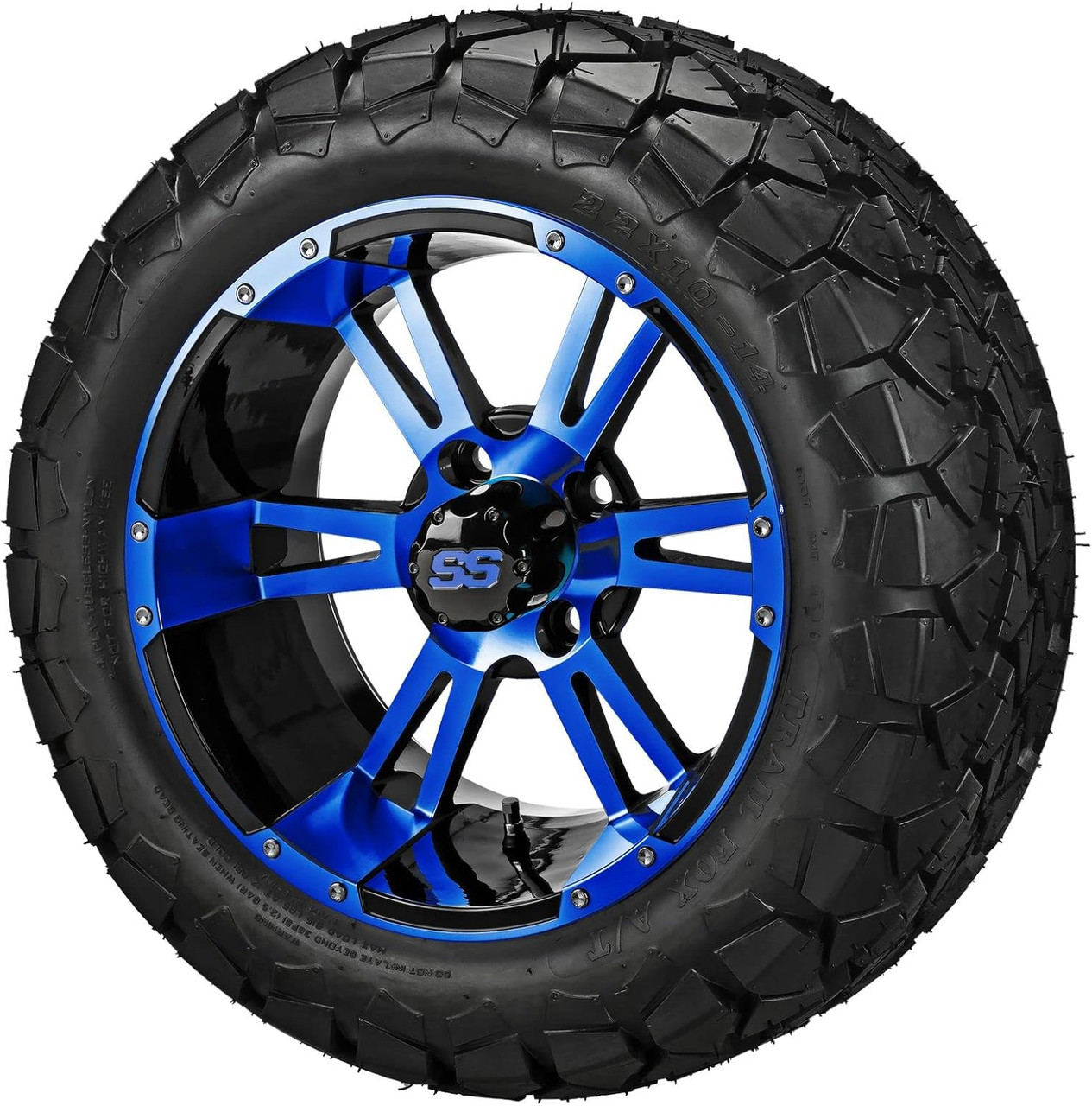 14" Raptor Black/Blue on 22x10-14 Trail Fox A/T Tires (Set of 4), Fits Club Car & EZGo carts, Golf Cart Tires and Wheels Combo, Can be Used on Lawn Mowers and ATV's