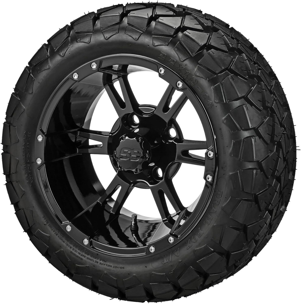 14" Raptor Gloss Black on 22x10-14 Trail Fox A/T Tires (Set of 4), Fits Club Car & EZGo carts, Golf Cart Tires and Wheels Combo, Can be Used on Lawn Mowers and ATV's