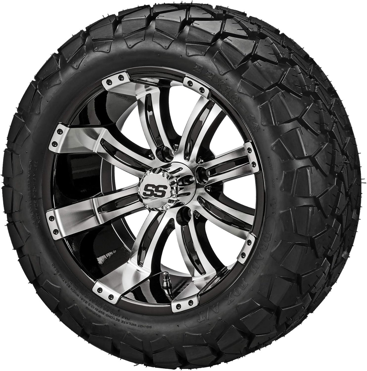 14" Casino Black/Machined on 22x10-14 Trail Fox A/T Tires (Set of 4), Fits Club Car & EZGo carts, Golf Cart Tires and Wheels Combo, Can be Used on Lawn Mowers and ATV's