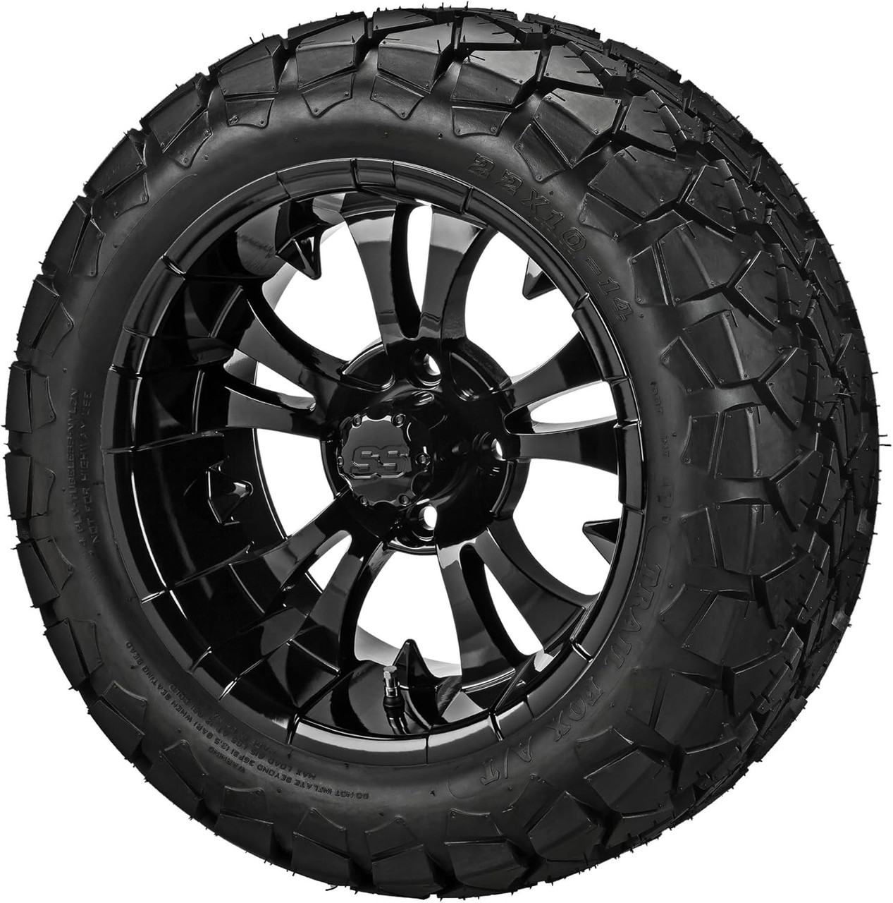 14" Warlock Gloss Black on 22x10-14 Trail Fox A/T Tires (Set of 4), Fits Club Car & EZGo carts, Golf Cart Tires and Wheels Combo, Can be Used on Lawn Mowers and ATV's