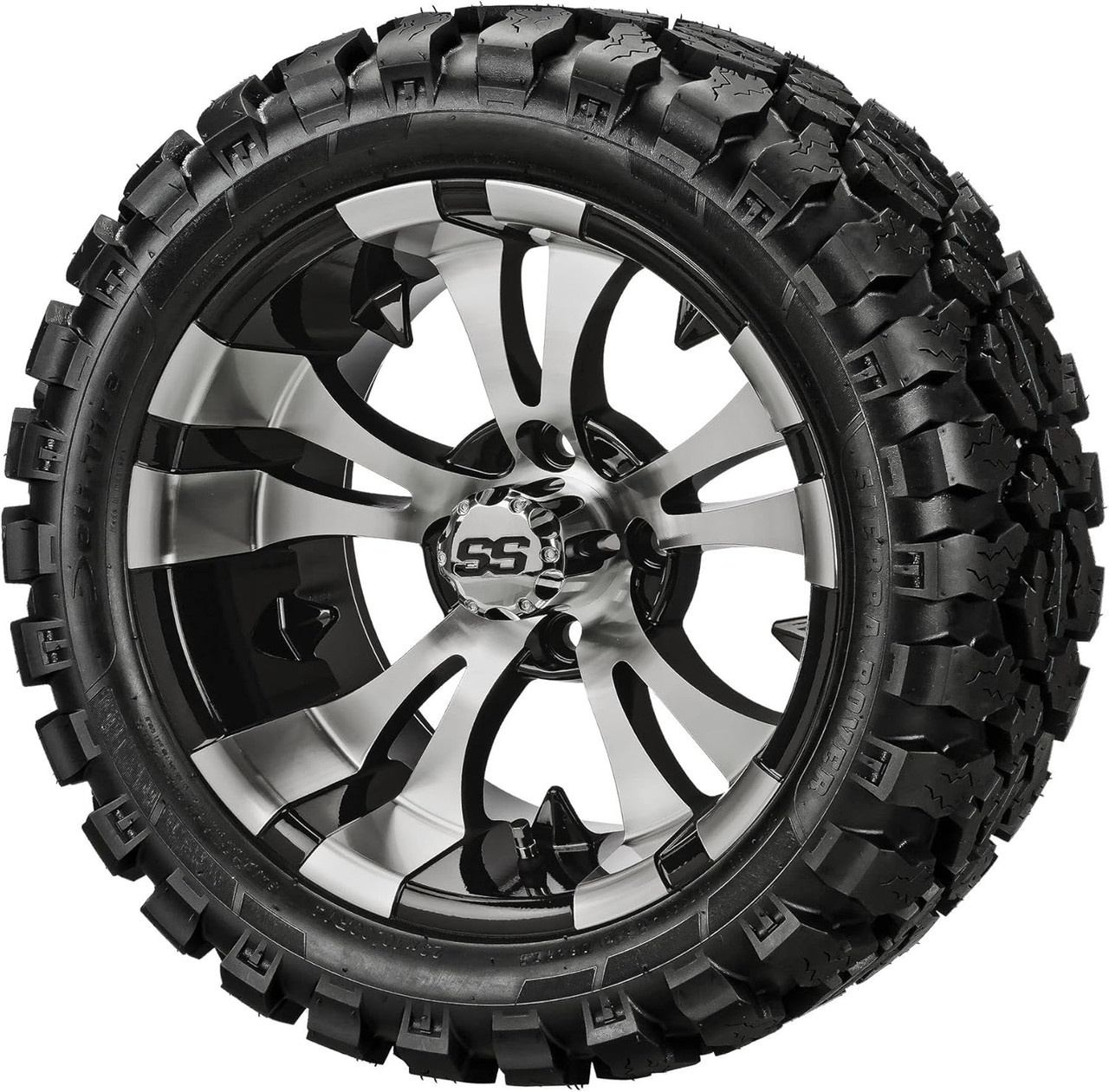 14" Warlock Black/Machined on 23x10R14 Sierra Rover Radial Tires (Set of 4), Fits Club Car & EZGo Carts, Golf Cart Tires and Wheels Combo, Can be Used on Lawn Mowers and ATV's