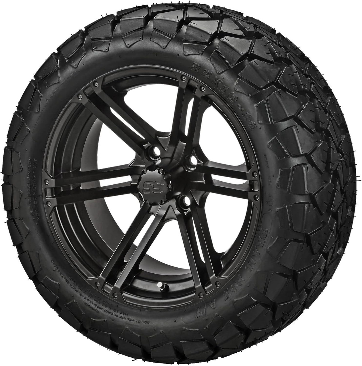 14" Yukon Matte Black on 22x10-14 Trail Fox A/T Tires (Set of 4), Fits Club Car & EZGo carts, Golf Cart Tires and Wheels Combo, Can be Used on Lawn Mowers and ATV's